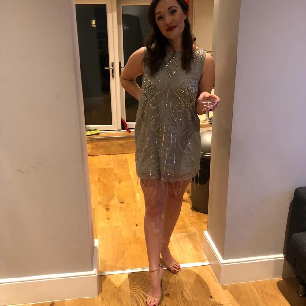 Silver Babydoll Dress Sleeveless Scoop Neck Cocktail